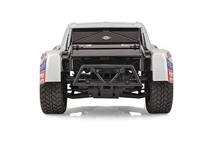 Rear view of the Team Associated Pro2 SC10sw RC short course truck, showing the rear bumper, bed, and off-road tires against a white background.