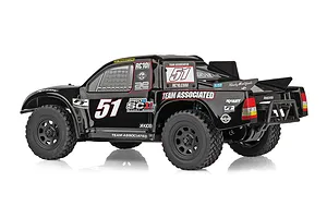 Rear three-quarter view of a black Team Associated Pro2 SC10 RC short course truck with number 51 decals on a white background.