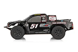 Side profile of a black Team Associated Pro2 SC10sw RC short course truck with number 51 decals on a white background.