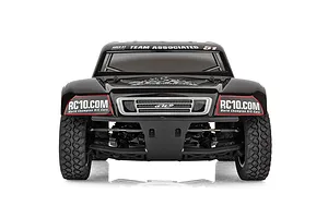 Front view of a black Team Associated Pro2 SC10 RC short course truck with sponsor decals on a white background.