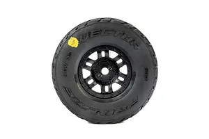 A single Pro-Line Vector RC tyre mounted on a black split-six rim, viewed from the side against a white background.