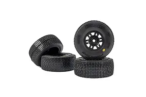 Pro-Line 1/16 King Pin Front &amp; Rear Tyres on Black Split Six Rims - Glued Wheels 4Pcs