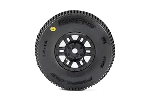 A single Pro-Line King Pin RC tyre mounted on a black Split Six rim, viewed from the side against a white background.