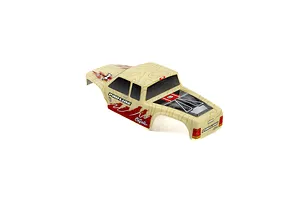A pre-painted tan topographical RC truck body shell by Pro-Line with red accents and black window decals.