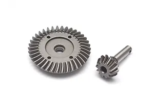 A hardened steel bevel gear set including one large ring gear and one small pinion gear on a white background.