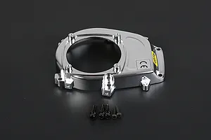 A chrome-finished Rovan engine cover for an RC car, shown with five small black mounting screws on a dark grey background.