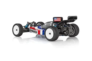 Team Associated RB10 1/10 scale 2WD electric RC buggy, rear three-quarter view, featuring a red, white, and blue livery and white wheels.