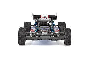 Front view of the Team Associated RB10 Retro Kit 2WD RC buggy, featuring a black, white, red, and blue body with blue anodized shock absorbers.