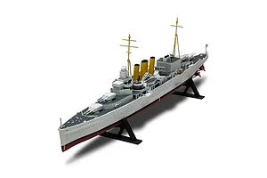 A high-angle studio shot of a fully assembled and painted 1/600 scale model of the HMS Suffolk heavy cruiser, mounted on a black display stand.