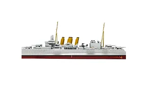 Side profile view of a fully assembled and painted 1/600 scale model of the HMS Suffolk heavy cruiser, featuring grey hull, yellow funnels, and masts.