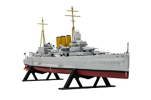 A fully assembled and painted 1/600 scale model of the HMS Suffolk heavy cruiser, displayed on a black plastic stand against a white background.