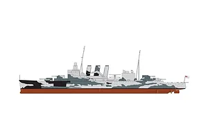 A side-profile digital illustration of the HMS Suffolk heavy cruiser featuring a grey and black camouflage pattern and a red hull.