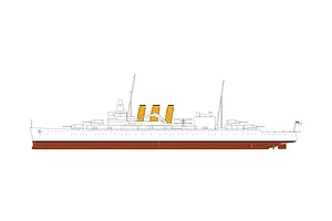 A side-profile line drawing of the HMS Suffolk heavy cruiser, showing the hull, funnels, and masts.