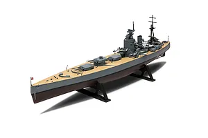 A fully assembled and painted 1/600 scale model of the HMS Nelson battleship, displayed on a black plastic stand against a white background.