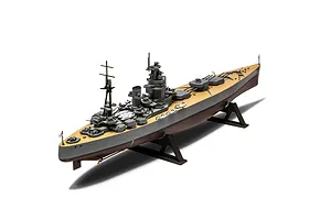A fully assembled and painted 1/600 scale model of the HMS Nelson battleship, displayed on a black plastic stand against a white background.