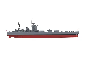A digital side-profile illustration of the HMS Nelson battleship, showing its grey hull, red lower section, and masts.