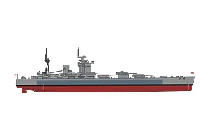 A digital side-profile illustration of the HMS Nelson battleship, showing its grey hull, red lower section, and deck armaments.