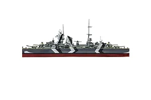 A side profile view of a fully assembled and painted 1/600 scale plastic model of the Prinz Eugen heavy cruiser with a distinctive black and white dazzle camouflage.