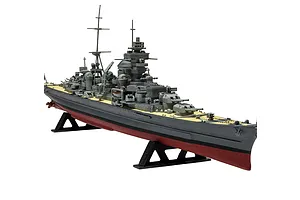 A fully assembled and painted 1/600 scale plastic model of the Prinz Eugen heavy cruiser, mounted on a black display stand against a white background.