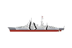 A side-profile digital illustration of the German heavy cruiser Prinz Eugen featuring a distinctive black and white camouflage pattern.