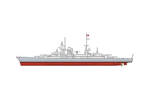 A side-profile digital illustration of the German heavy cruiser Prinz Eugen, showing the grey hull and red lower section.