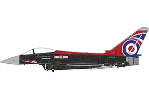 Side profile illustration of a Eurofighter Typhoon FGR.4 in a special black and red livery with Union Jack tail markings.
