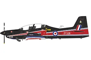 A digital side-profile illustration of a Shorts Tucano T.1 aircraft in a black, red, white, and blue livery with the serial number ZF338.