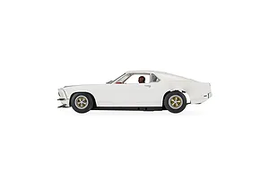 Side view of a white Scalextric 1/32 scale Ford Mustang slot car from Fast and Furious 6.