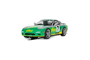 A 1/32 scale Scalextric Mazda RX-7 FD slot car in green and silver racing livery with number 7, featuring Visco and BP branding on a white background.