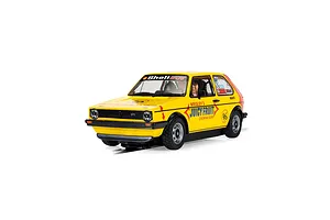 A 1/32 scale Scalextric slot car model of a yellow Volkswagen Golf MK 1 with Wrigley's Juicy Fruit racing livery.