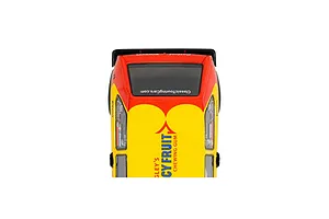 Top-down view of a Scalextric 1/32 scale Volkswagen Golf MK 1 slot car featuring a yellow and red livery with Juicy Fruit branding.