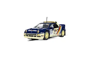 A 1/32 scale Scalextric Ford RS200 slot car in blue and cream livery with Q8 Oils branding and number 11 on the side.
