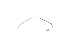 A silver metal front sway bar for an RC car, accompanied by a small white marker labeled 2.6, isolated on a white background.