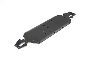 A black anodized aluminium main chassis plate for an RC vehicle, featuring multiple pre-drilled mounting holes and a flat, elongated design.