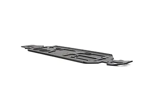 A black Rovan aluminium main chassis plate for an RC vehicle, shown from a low-angle perspective against a white background.