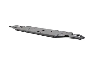 A black Rovan aluminium main chassis plate for an RC vehicle, shown from a low-angle perspective against a white background.