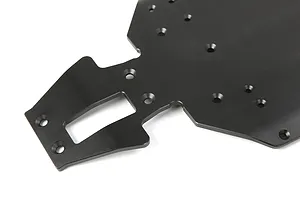 A black anodized aluminium RC car main chassis plate shown from an angled top-down perspective against a white background.