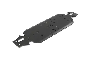 A black Rovan aluminium V5 main chassis plate for an RC vehicle, shown from a high-angle perspective against a white background.