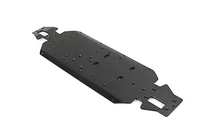 A black Rovan aluminium V5 main chassis plate for an RC car, viewed from an elevated angle against a white background.