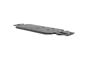A black Rovan aluminium V5 main chassis plate for an RC car, viewed from a low angle against a white background.