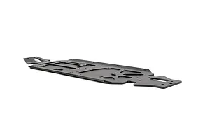 A black Rovan aluminium V5 main chassis for an RC vehicle, shown from a low-angle perspective on a white background.
