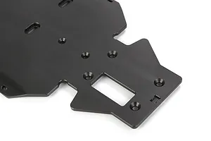 A black anodized aluminium main chassis plate for an RC vehicle, featuring various mounting holes and a rectangular cutout.