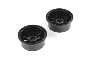 Two black plastic 1/5 scale RC short course rear rims shown from an angled perspective on a white background.