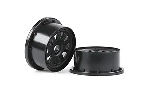 Two black Rovan 1/5 scale RC short course rear rims isolated on a white background.