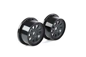 A pair of black 1/5 scale RC short course rear rims from Rovan, shown from a side angle on a white background.