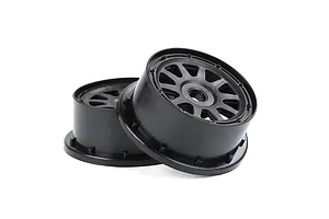 Two black Rovan 1/5 scale short course RC rear rims stacked on a white background.