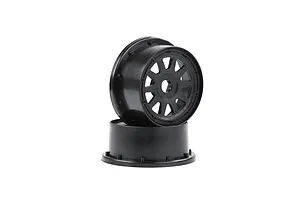 Two black Rovan 1/5 scale 5SC rear RC car rims stacked on top of each other against a white background.