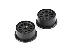 Two black Rovan 1/5 scale short course rear rims shown from a high angle against a white background.