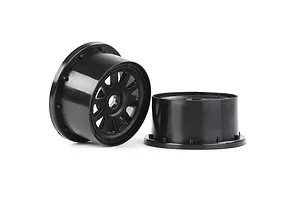 Two black plastic RC short course rear rims for 1/5 scale vehicles, shown from front and side angles.