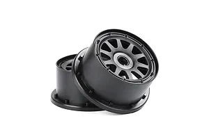 Two black Rovan 1/5 scale short course rear rims stacked against each other on a white background.